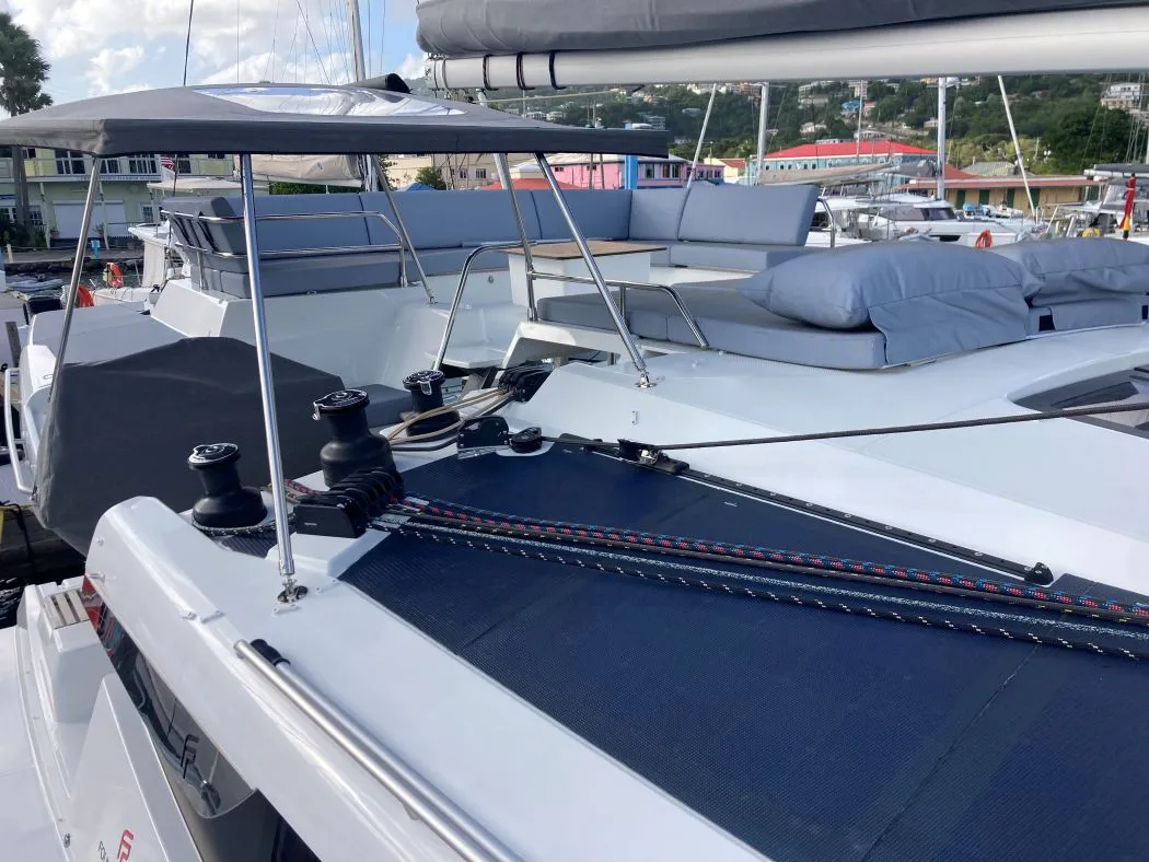 Deck of Aquaphoria, a Fountaine Pajot Tanna 47 Maestro catamaran at Charlotte Amalie, United States