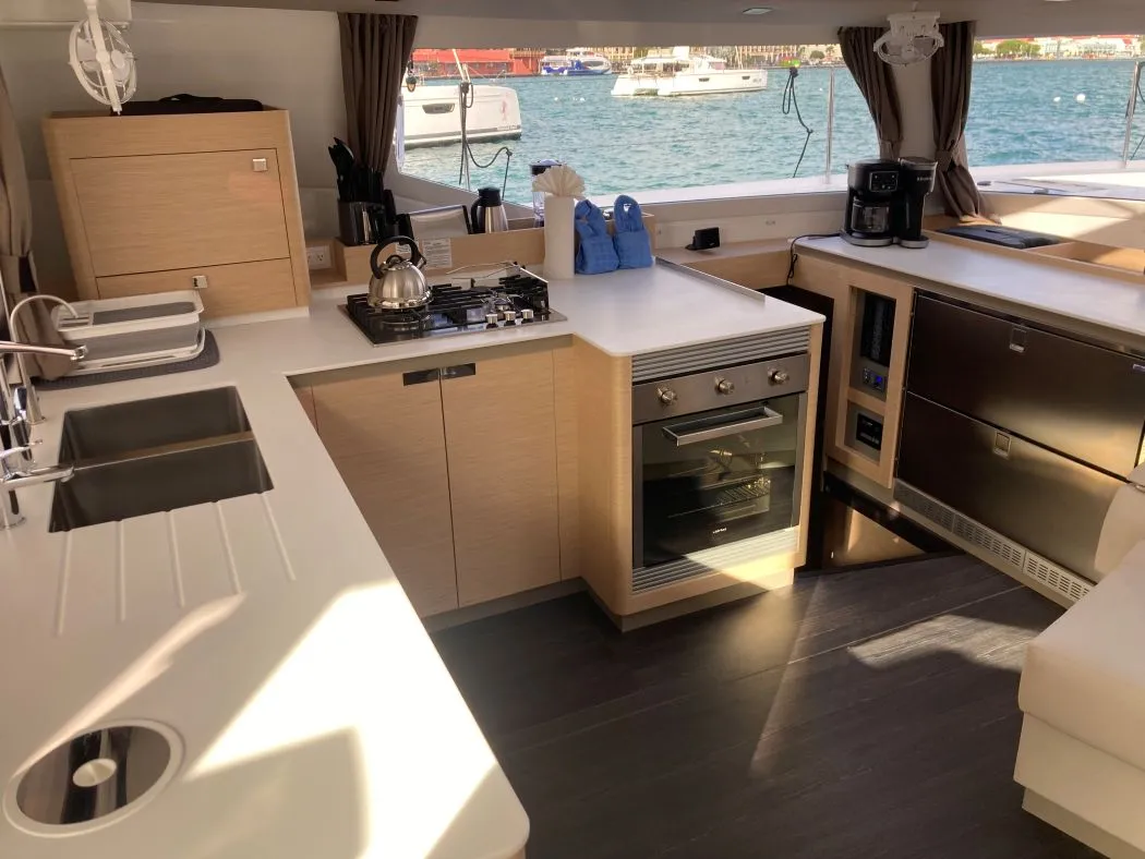 Galley of Aquaphoria, a Fountaine Pajot Tanna 47 Maestro catamaran at Charlotte Amalie, United States