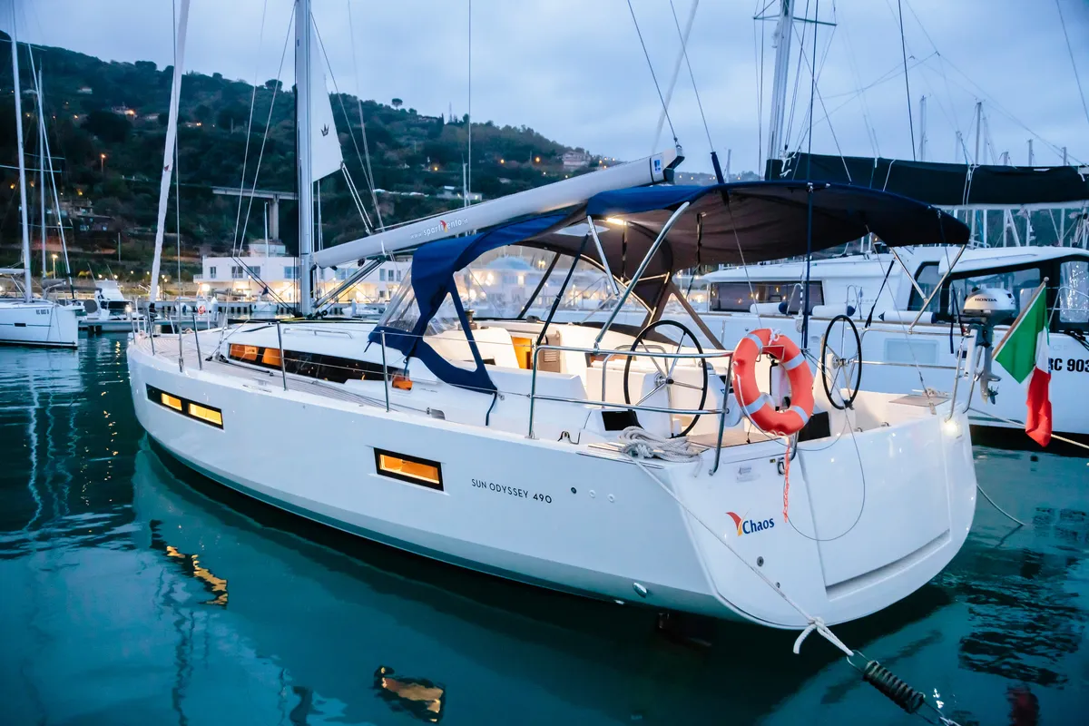Exterior view of Jeanneau Sun Odyssey 490, a sailboat at Capo d'Orlando, Italy