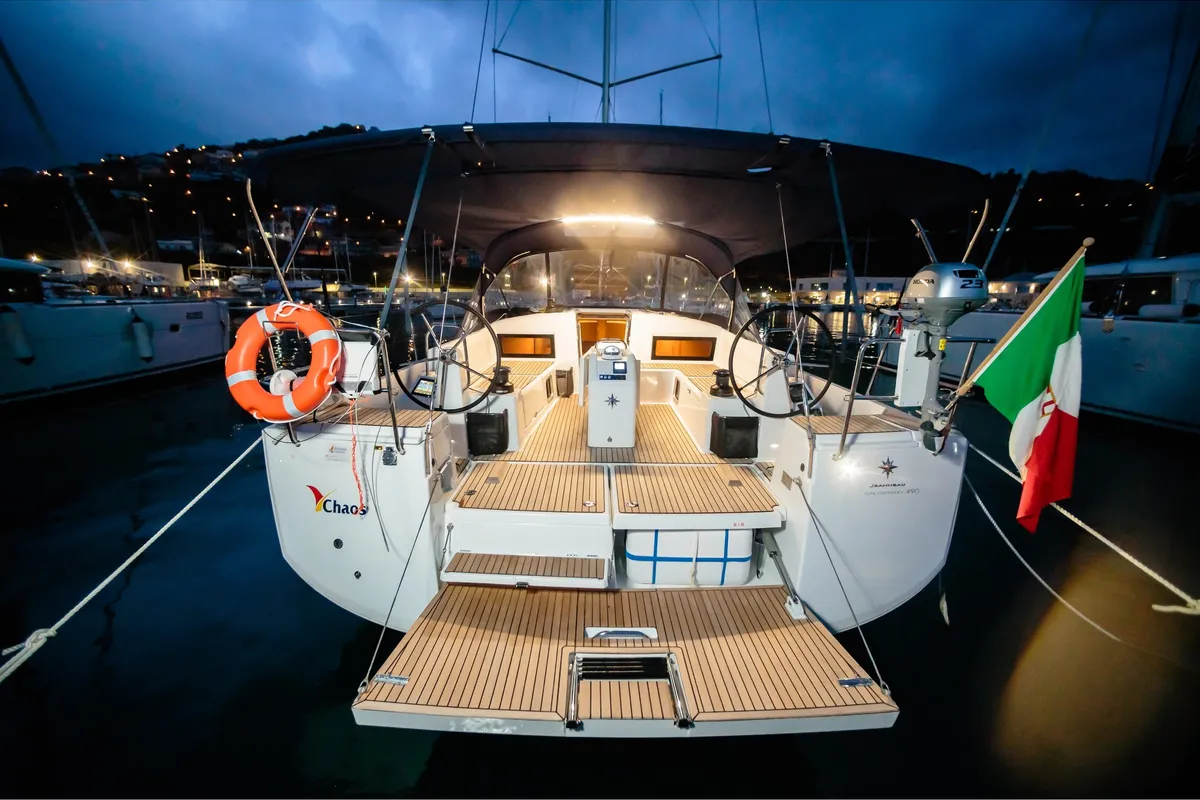 Deck of Jeanneau Sun Odyssey 490, a sailboat at Capo d'Orlando, Italy