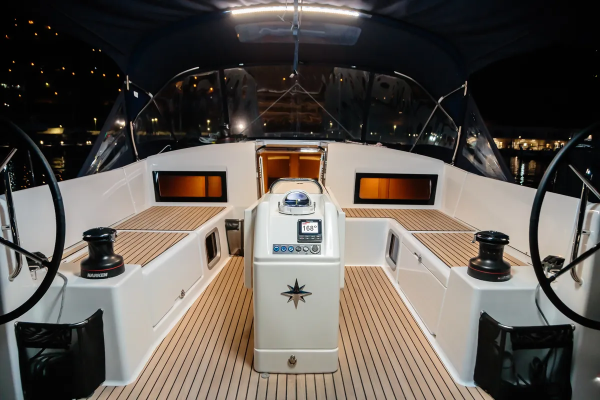 Cockpit of Jeanneau Sun Odyssey 490, a sailboat at Capo d'Orlando, Italy