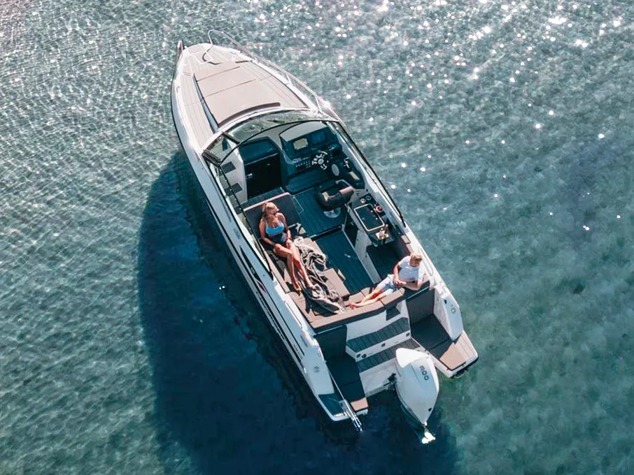 Exterior view of Odysseus, a Nordkapp Noblesse 830 motorboat at Alyki, Greece