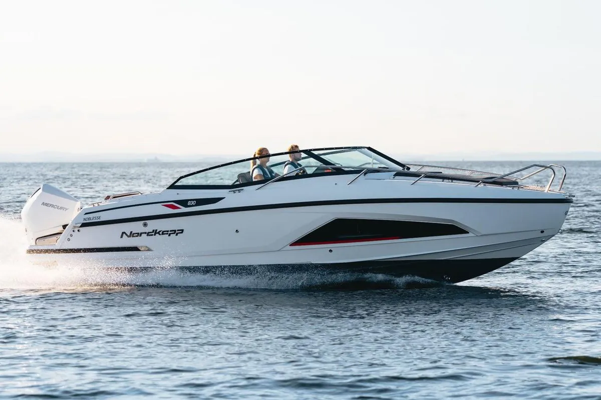 Exterior view of Odysseus, a Nordkapp Noblesse 830 motorboat at Alyki, Greece