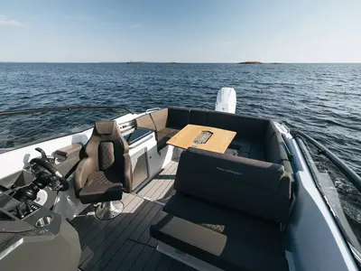 Deck of Odysseus, a Nordkapp Noblesse 830 motorboat at Alyki, Greece