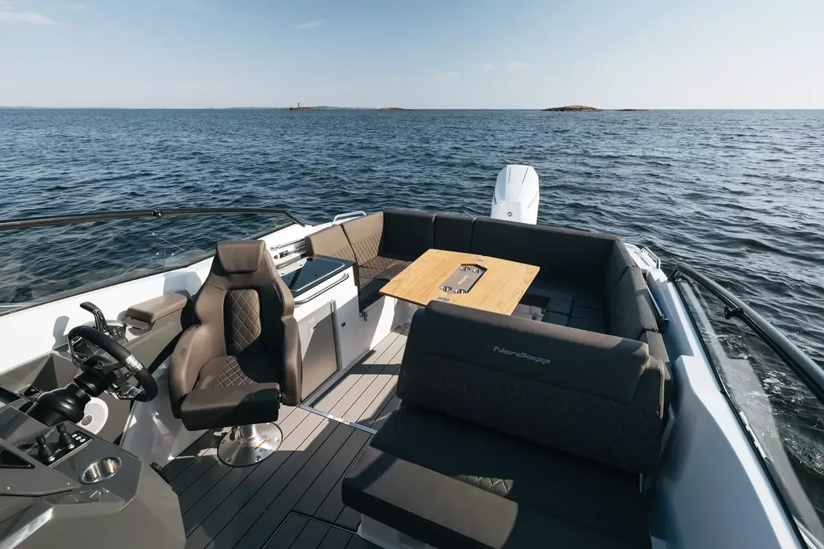 Deck of Odysseus, a Nordkapp Noblesse 830 motorboat at Alyki, Greece