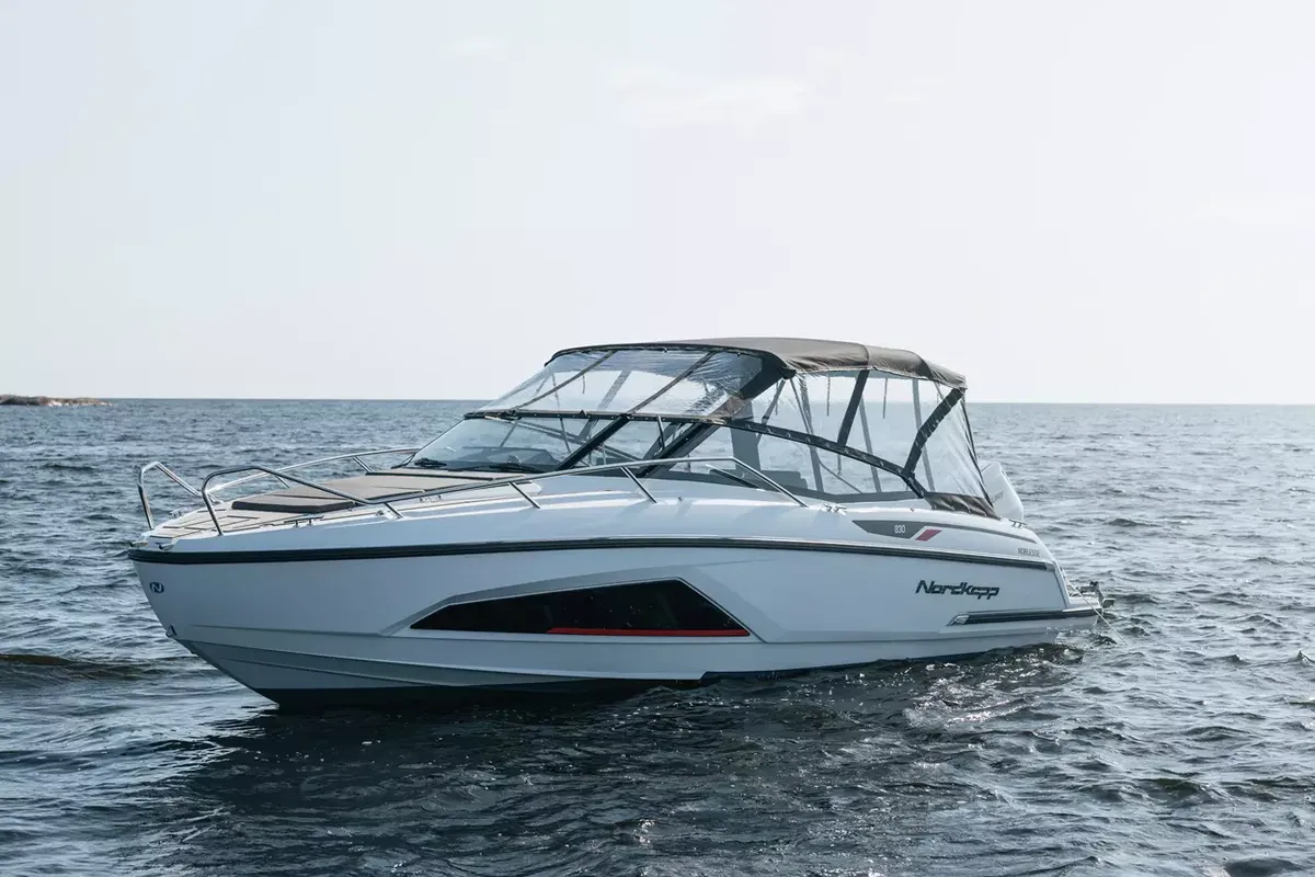 Exterior view of Odysseus, a Nordkapp Noblesse 830 motorboat at Alyki, Greece