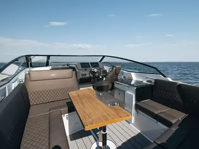 Cockpit of Odysseus, a Nordkapp Noblesse 830 motorboat at Alyki, Greece