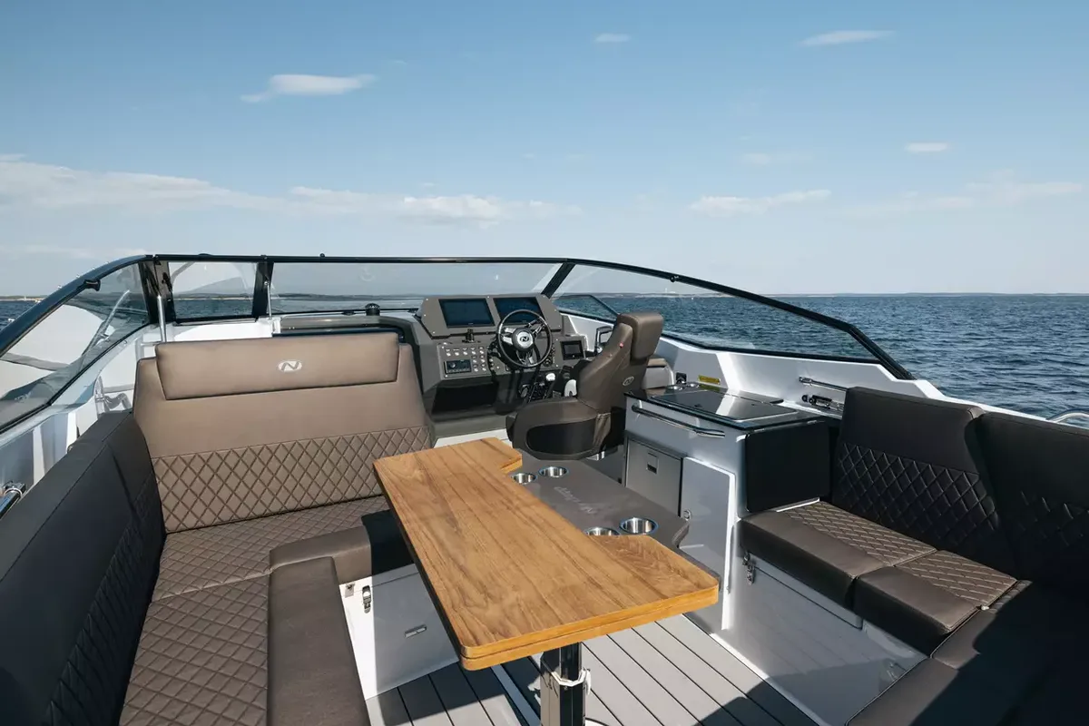 Cockpit of Odysseus, a Nordkapp Noblesse 830 motorboat at Alyki, Greece