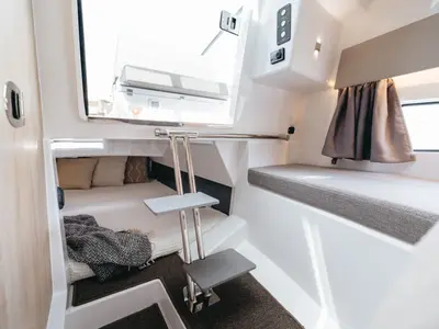 Cabin on Odysseus, a Nordkapp Noblesse 830 motorboat at Alyki, Greece