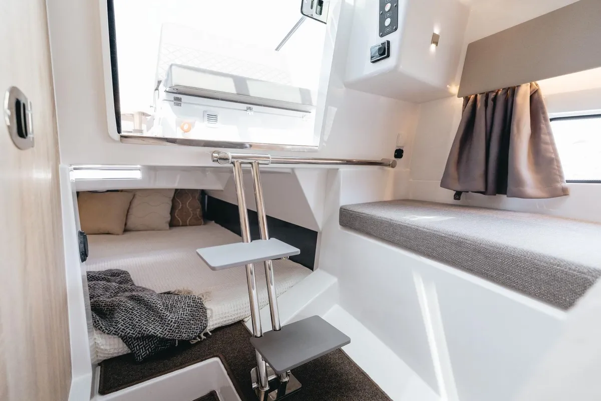 Cabin on Odysseus, a Nordkapp Noblesse 830 motorboat at Alyki, Greece