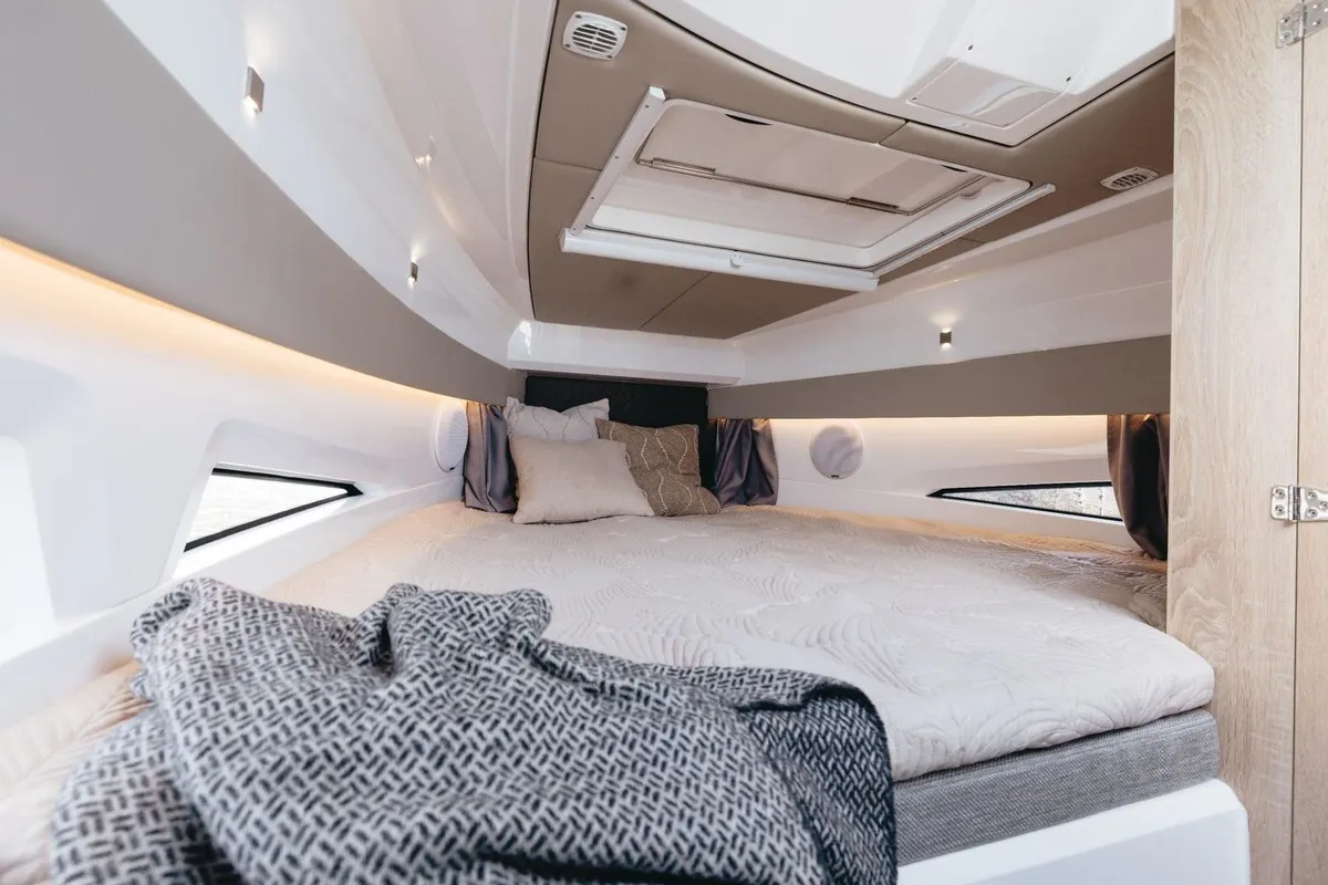 Cabin on Odysseus, a Nordkapp Noblesse 830 motorboat at Alyki, Greece
