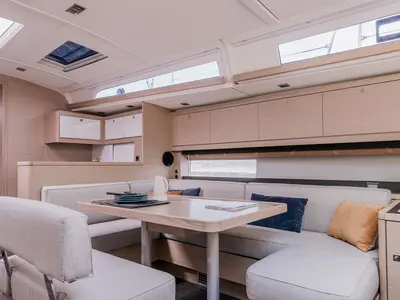 Salon of Ybytu, a Dufour 470 sailboat at Paraty, Brazil