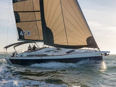 Exterior view of Ybytu, a Dufour 470 sailboat at Paraty, Brazil
