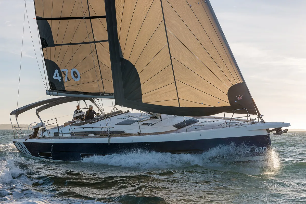 Exterior view of Ybytu, a Dufour 470 sailboat at Paraty, Brazil