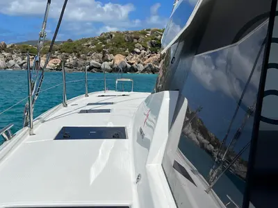 Deck of Vienna, a Fountaine Pajot Aura 51 catamaran at Road Town, British Virgin Islands