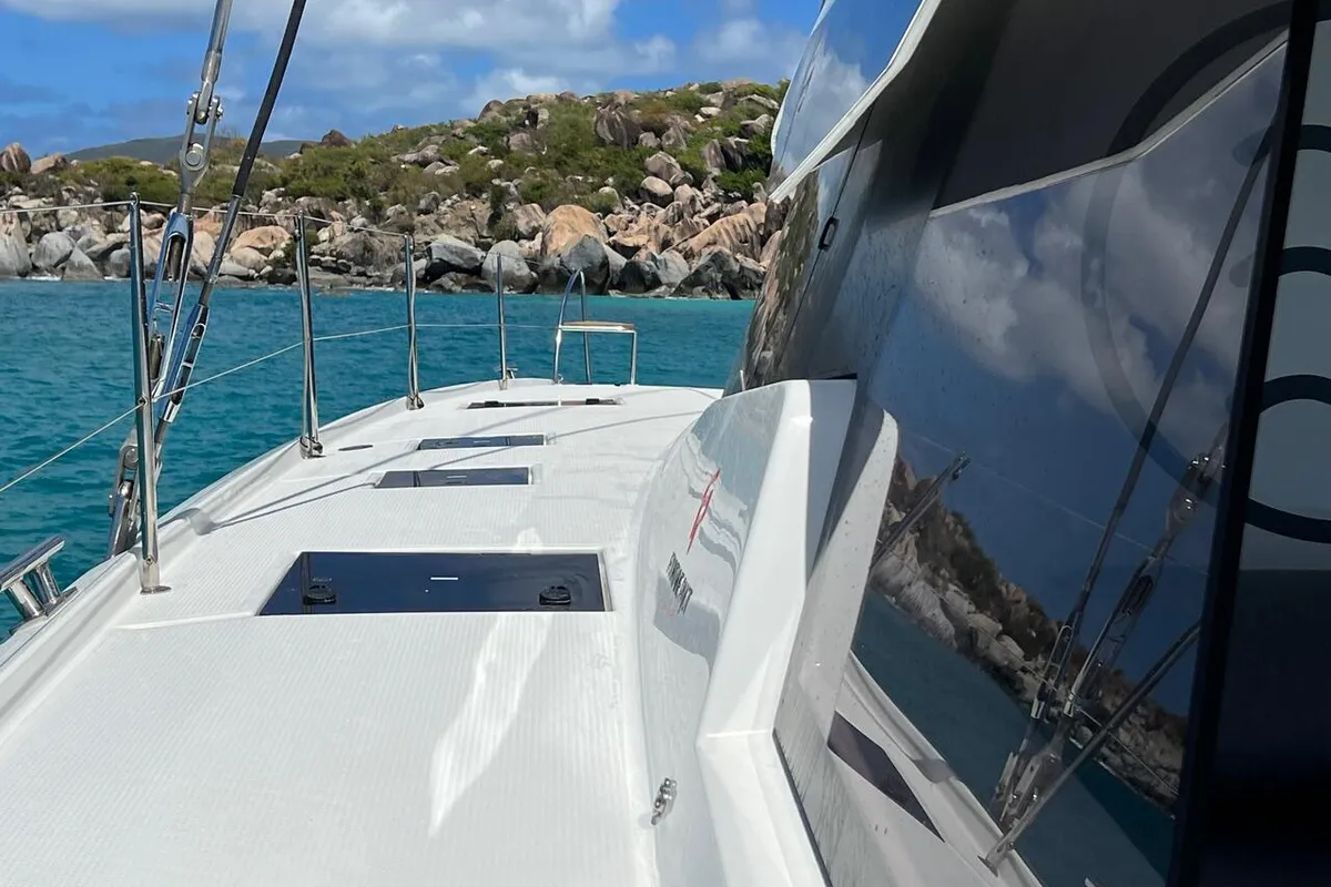 Deck of Vienna, a Fountaine Pajot Aura 51 catamaran at Road Town, British Virgin Islands
