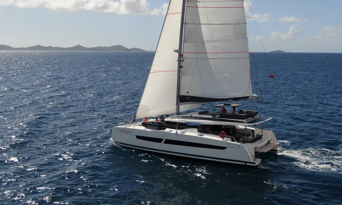 Exterior view of Vienna, a Fountaine Pajot Aura 51 catamaran at Road Town, British Virgin Islands