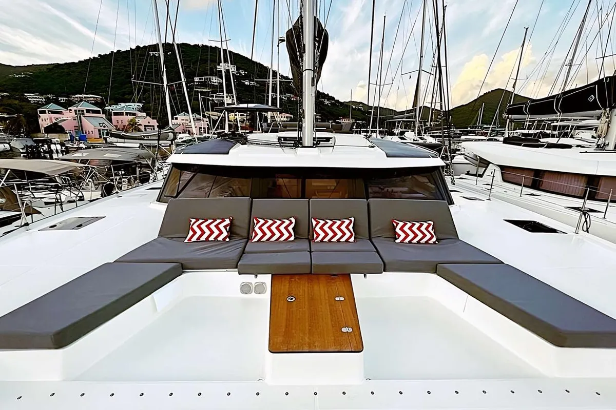 Deck of Vienna, a Fountaine Pajot Aura 51 catamaran at Road Town, British Virgin Islands