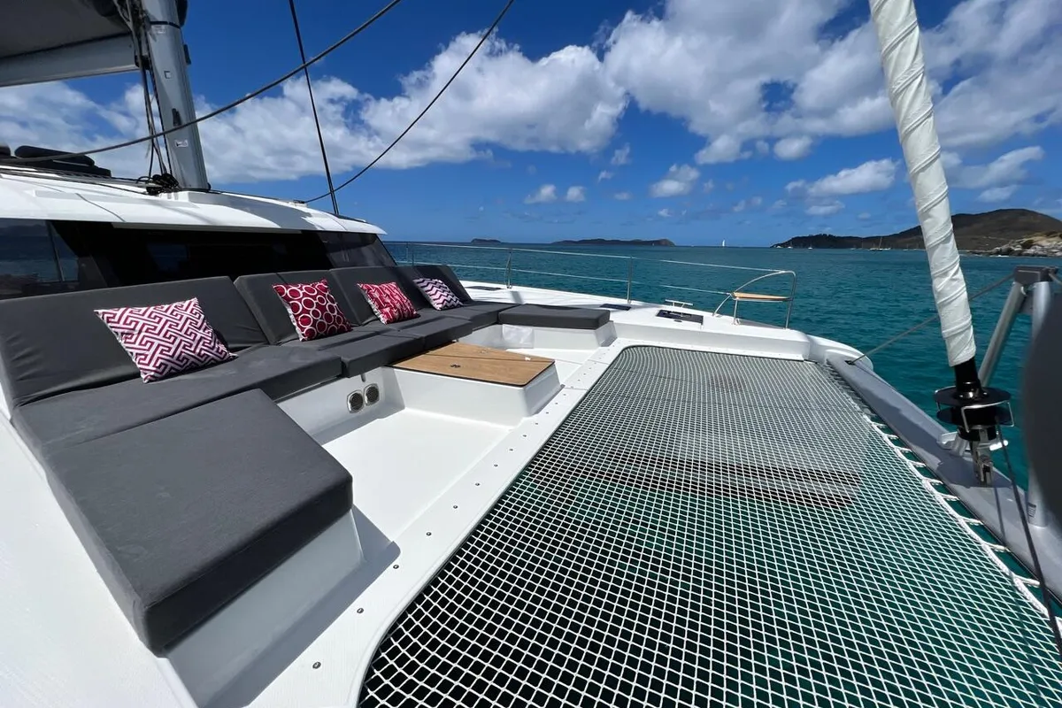 Deck of Vienna, a Fountaine Pajot Aura 51 catamaran at Road Town, British Virgin Islands