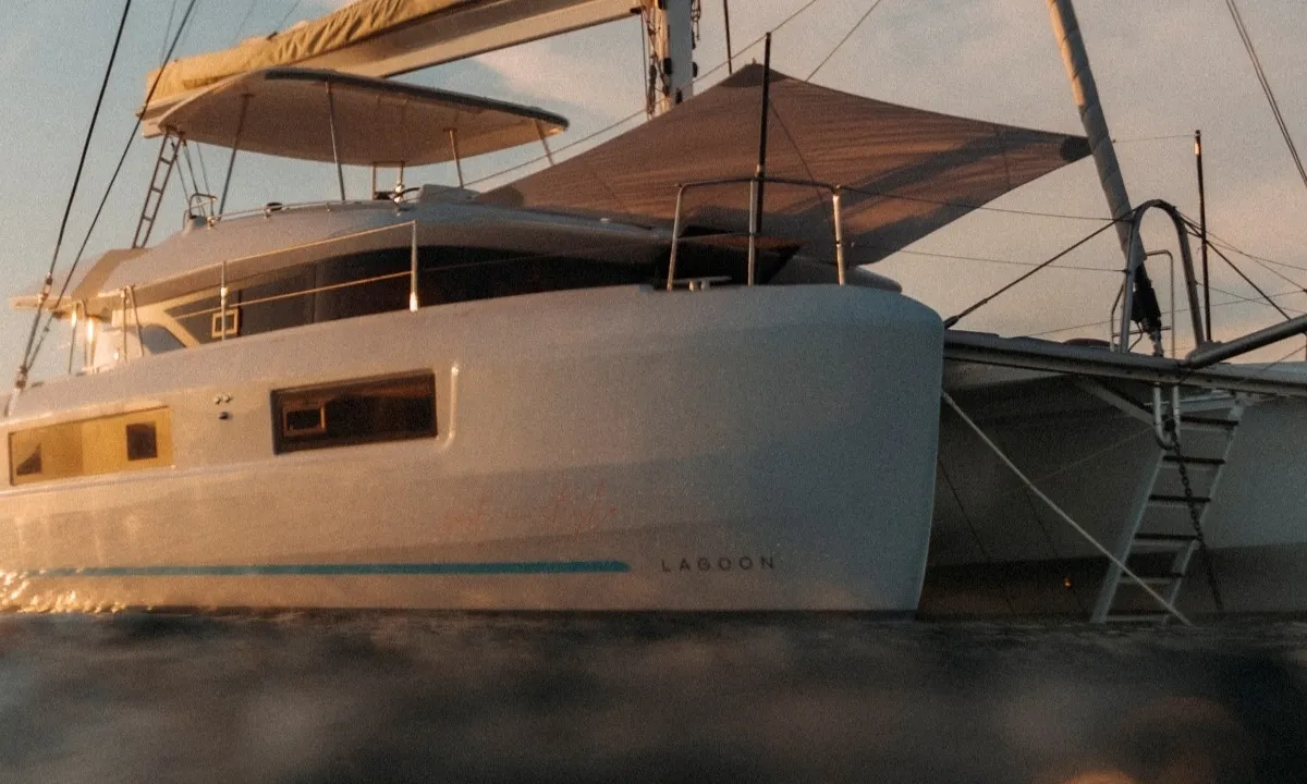 Exterior view of Elysium, a Lagoon 51 catamaran at Grad Kaštela, Croatia