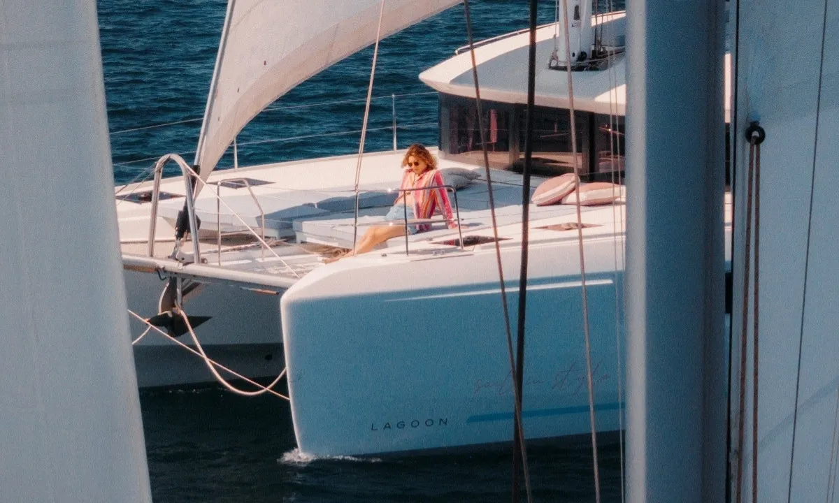 Exterior view of Elysium, a Lagoon 51 catamaran at Grad Kaštela, Croatia