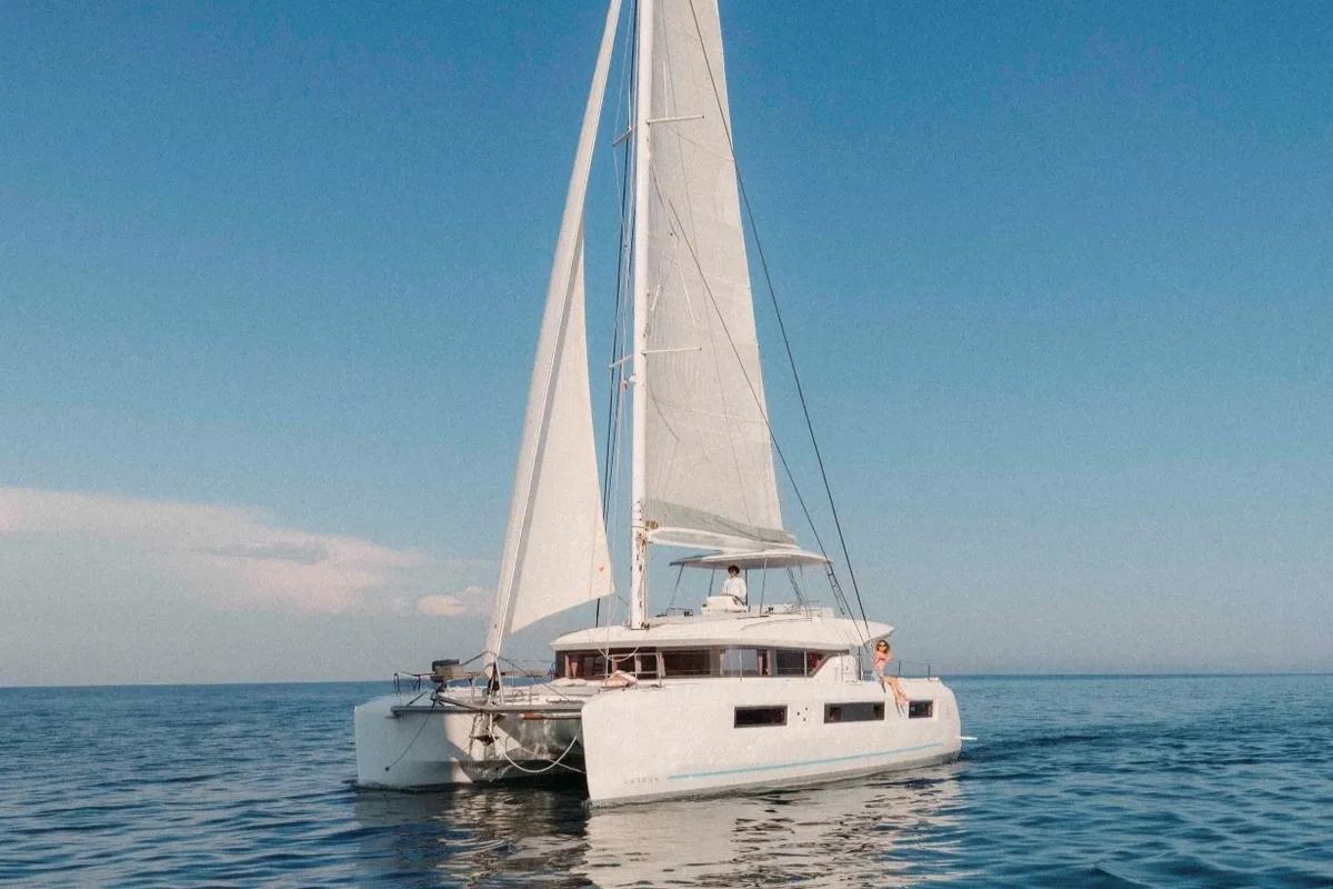 Exterior view of Elysium, a Lagoon 51 catamaran at Grad Kaštela, Croatia