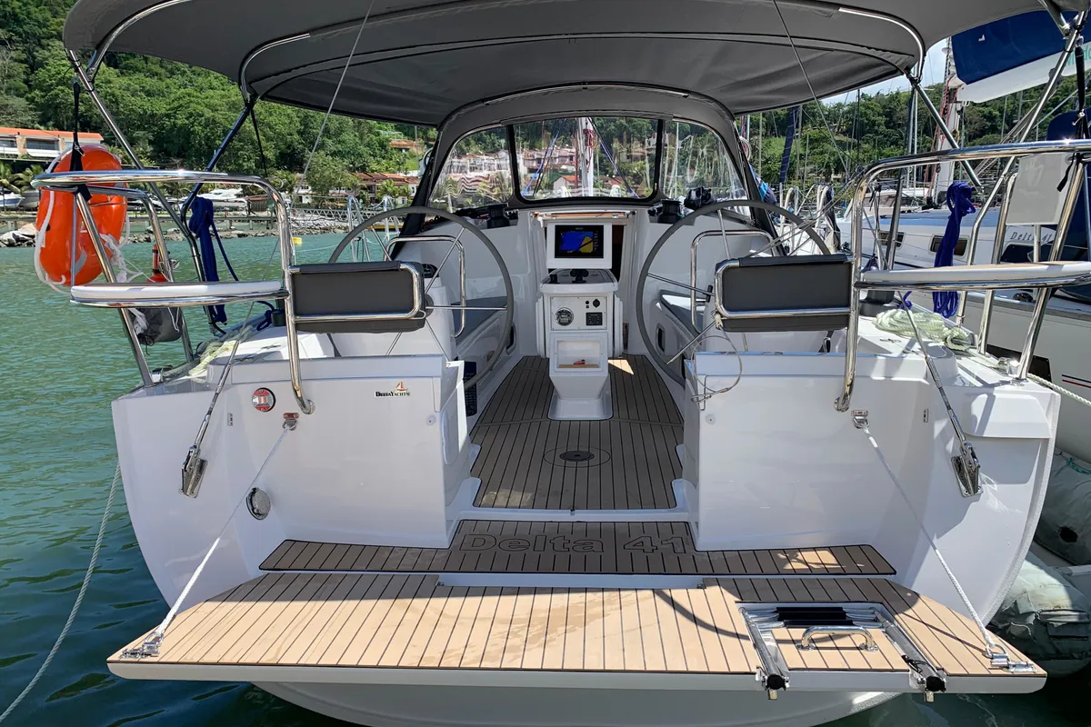 Exterior view of AKANNI II, a Delta 41 sailboat at Paraty, Brazil