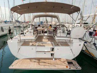 Cockpit of King Crimson, a Beneteau Oceanis 41.1 sailboat at Municipal Unit of Lefkada, Greece