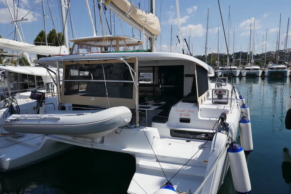 Exterior view of Coral Seas, a Lagoon 42 catamaran at Lavreotiki Municipal Unit, Greece