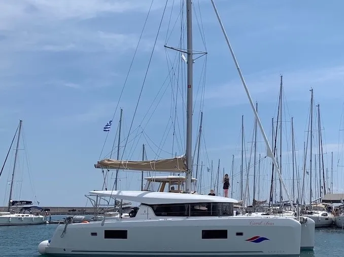 Exterior view of Coral Seas, a Lagoon 42 catamaran at Lavreotiki Municipal Unit, Greece