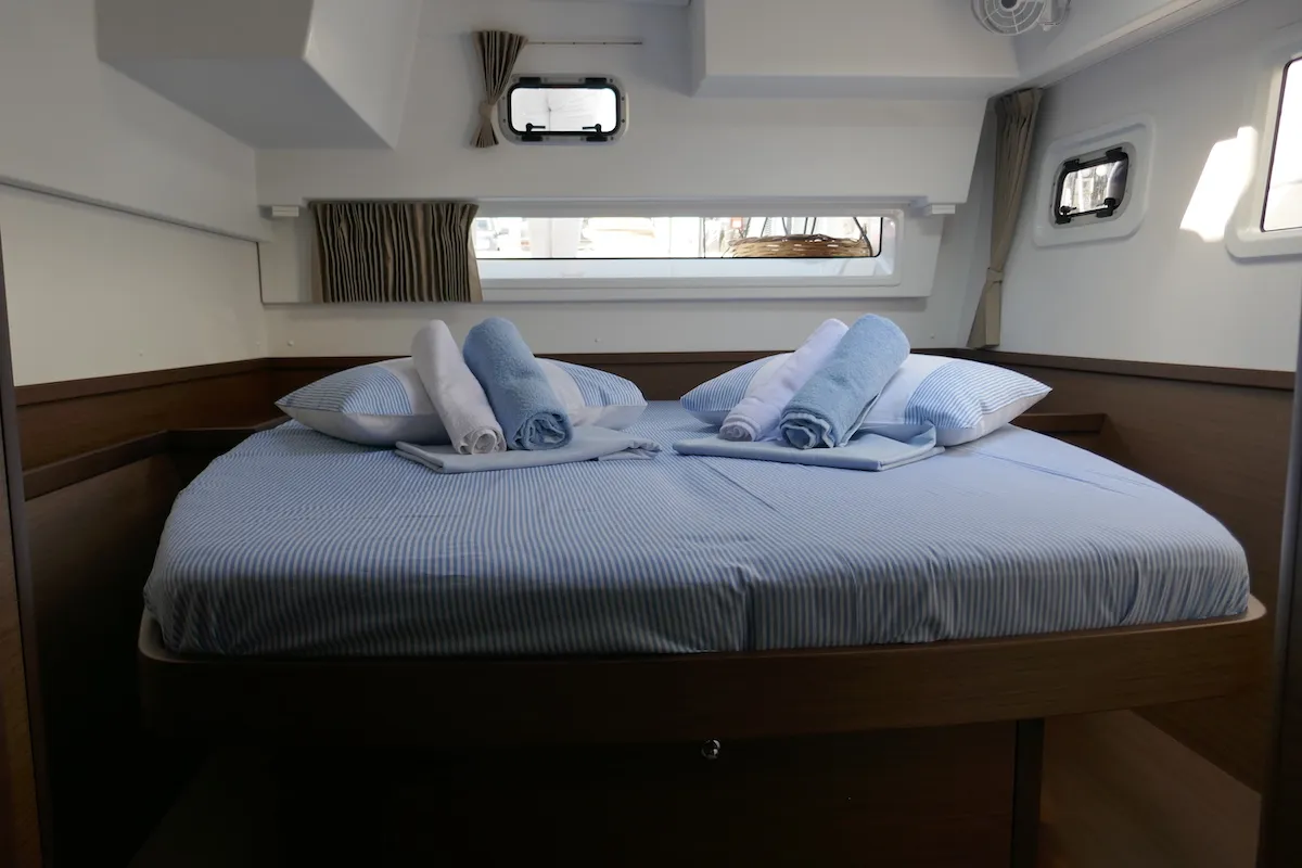 Cabin on Coral Seas, a Lagoon 42 catamaran at Lavreotiki Municipal Unit, Greece