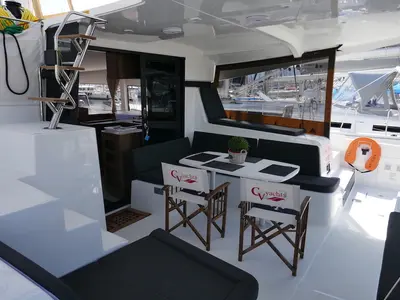 Deck of Coral Seas, a Lagoon 42 catamaran at Lavreotiki Municipal Unit, Greece