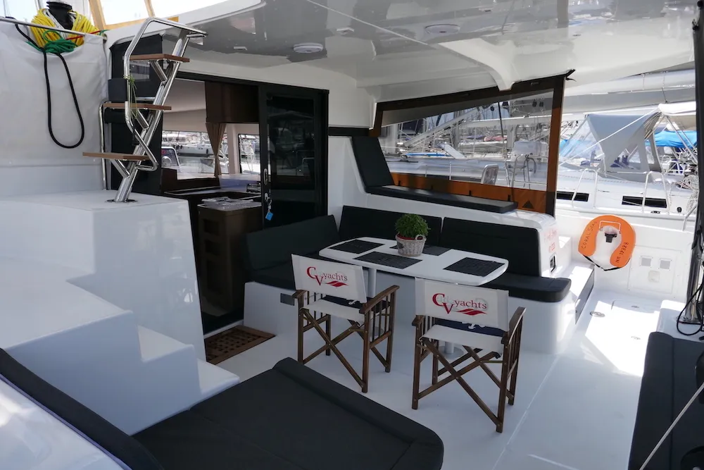 Deck of Coral Seas, a Lagoon 42 catamaran at Lavreotiki Municipal Unit, Greece
