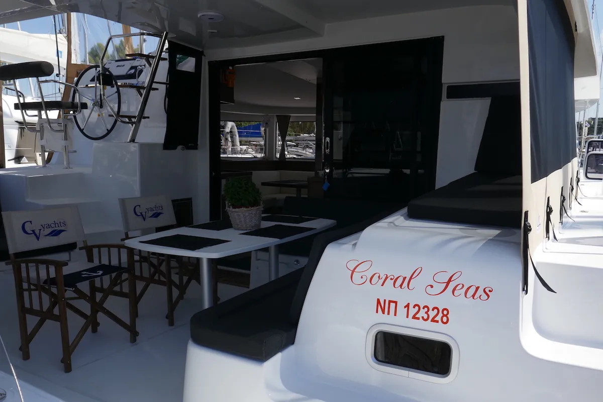 Deck of Coral Seas, a Lagoon 42 catamaran at Lavreotiki Municipal Unit, Greece