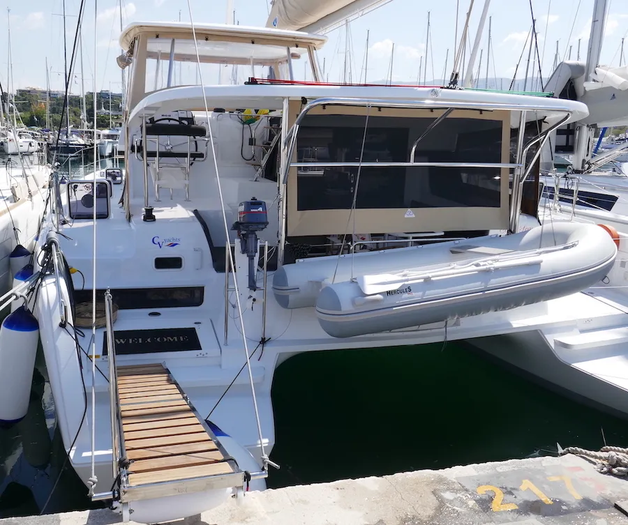 Exterior view of Coral Seas, a Lagoon 42 catamaran at Lavreotiki Municipal Unit, Greece