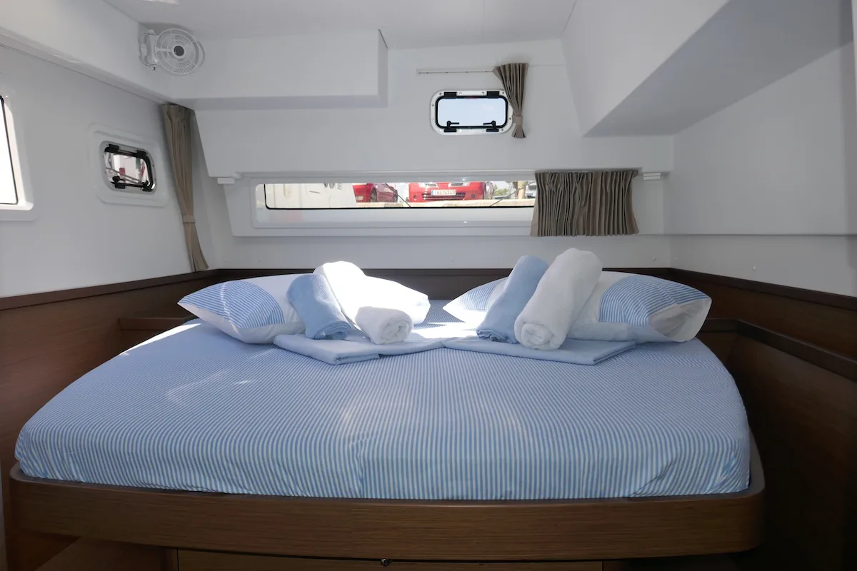 Cabin on Coral Seas, a Lagoon 42 catamaran at Lavreotiki Municipal Unit, Greece