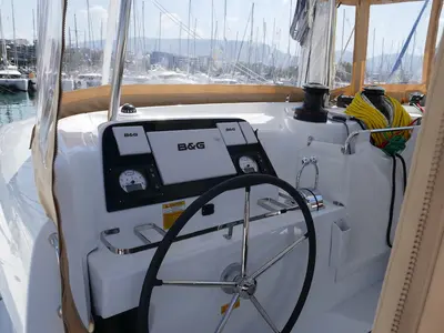 Cockpit of Coral Seas, a Lagoon 42 catamaran at Lavreotiki Municipal Unit, Greece