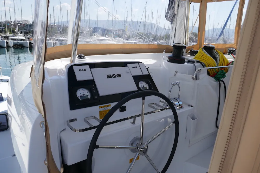 Cockpit of Coral Seas, a Lagoon 42 catamaran at Lavreotiki Municipal Unit, Greece