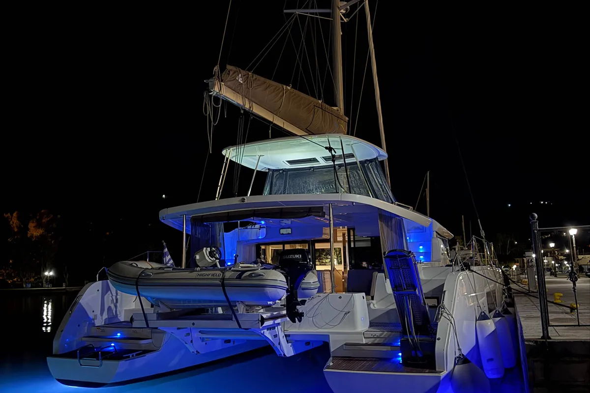 Exterior view of Arian, a Lagoon 46 catamaran at Parikia, Greece