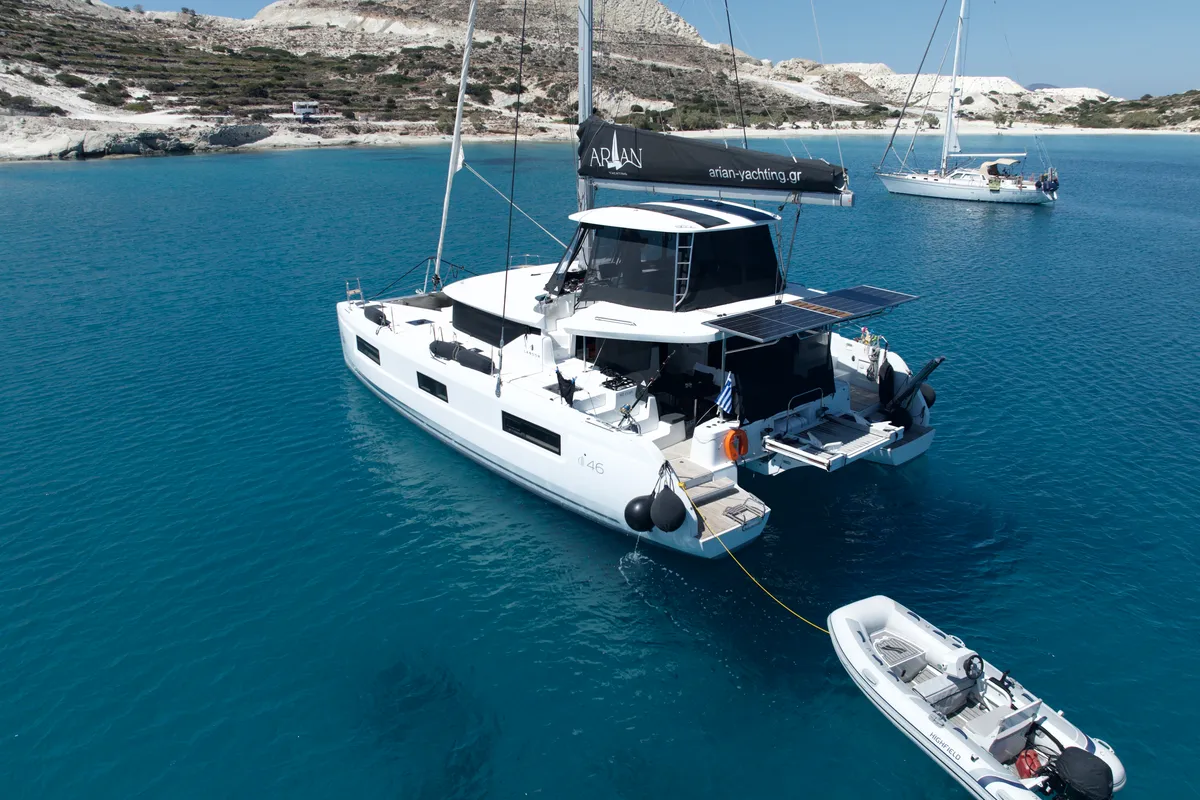 Exterior view of Arian, a Lagoon 46 catamaran at Parikia, Greece