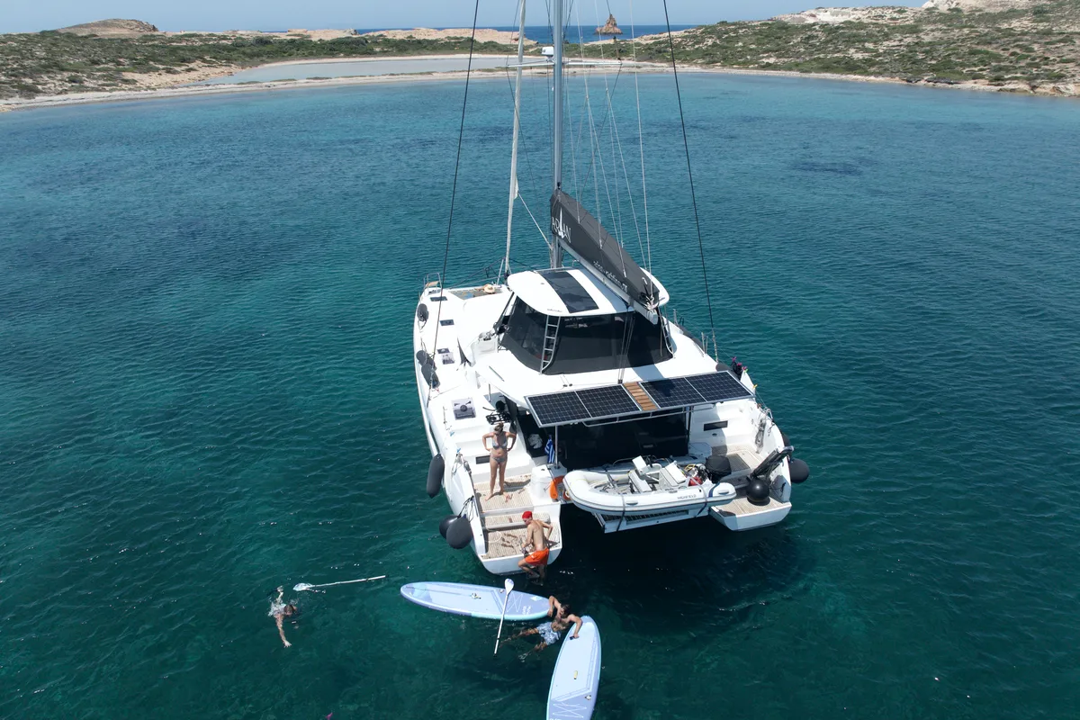 Exterior view of Arian, a Lagoon 46 catamaran at Parikia, Greece