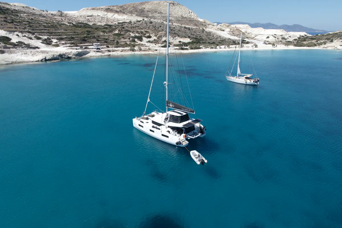Exterior view of Arian, a Lagoon 46 catamaran at Parikia, Greece