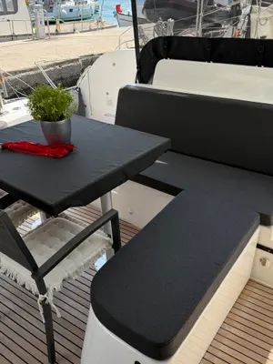 Deck of Arian, a Lagoon 46 catamaran at Parikia, Greece