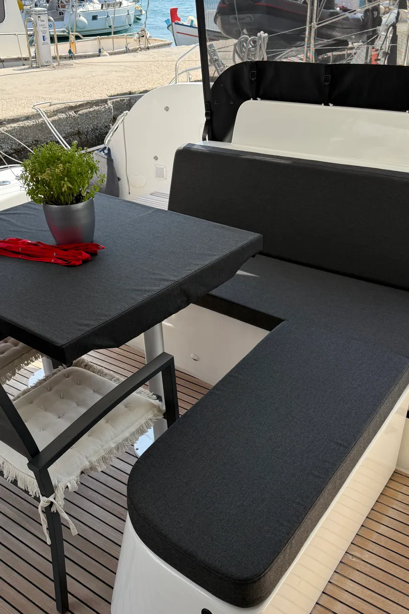 Deck of Arian, a Lagoon 46 catamaran at Parikia, Greece