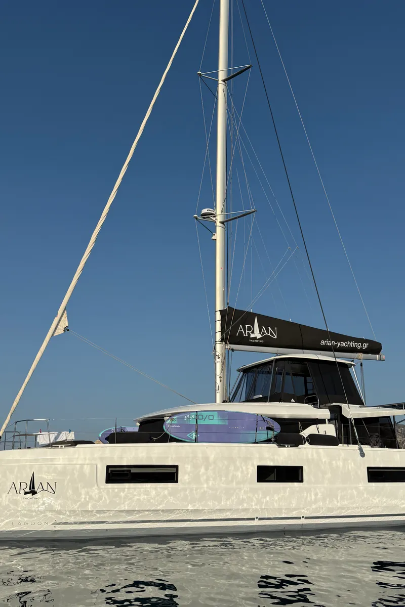 Exterior view of Arian, a Lagoon 46 catamaran at Parikia, Greece