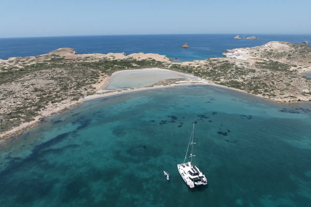 Exterior view of Arian, a Lagoon 46 catamaran at Parikia, Greece