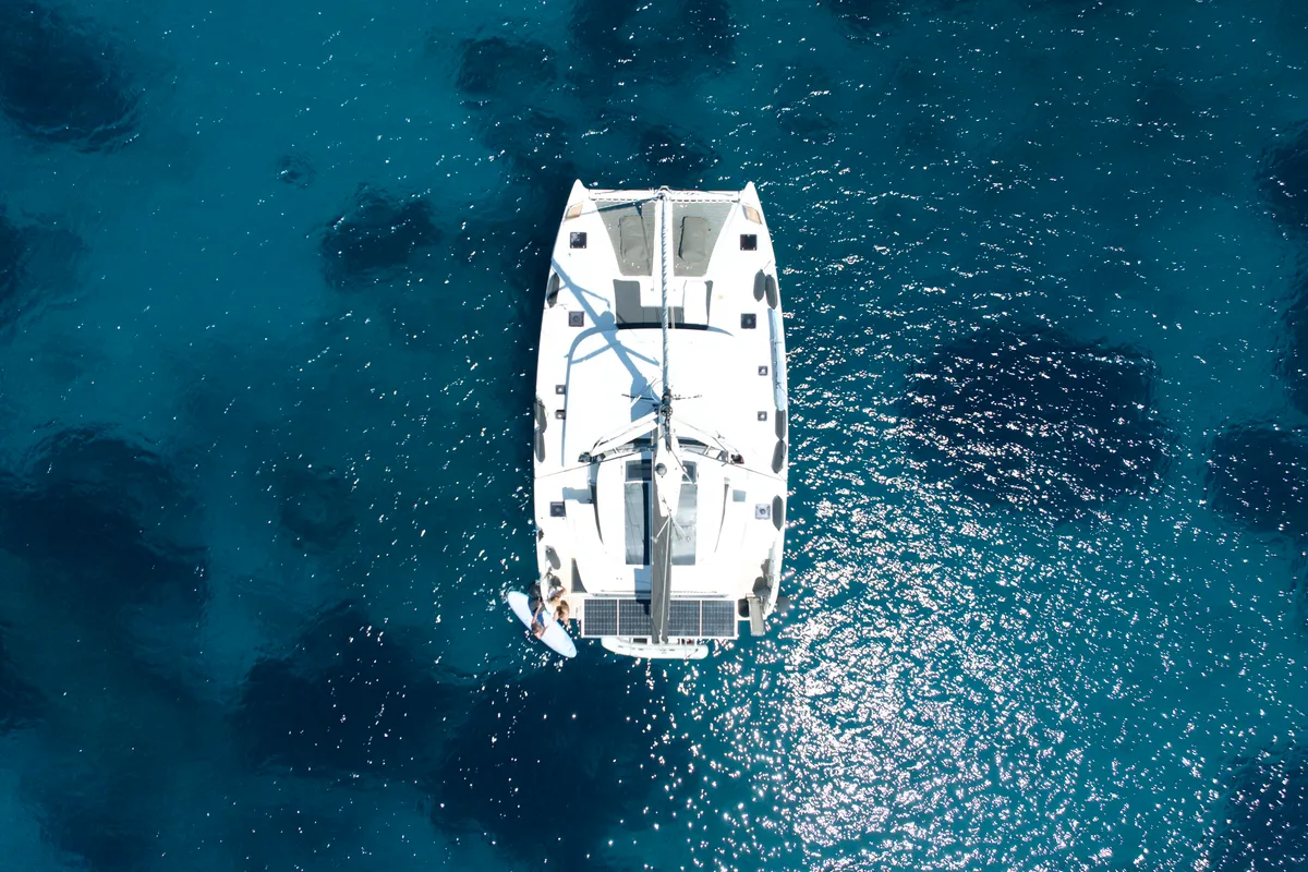 Exterior view of Arian, a Lagoon 46 catamaran at Parikia, Greece