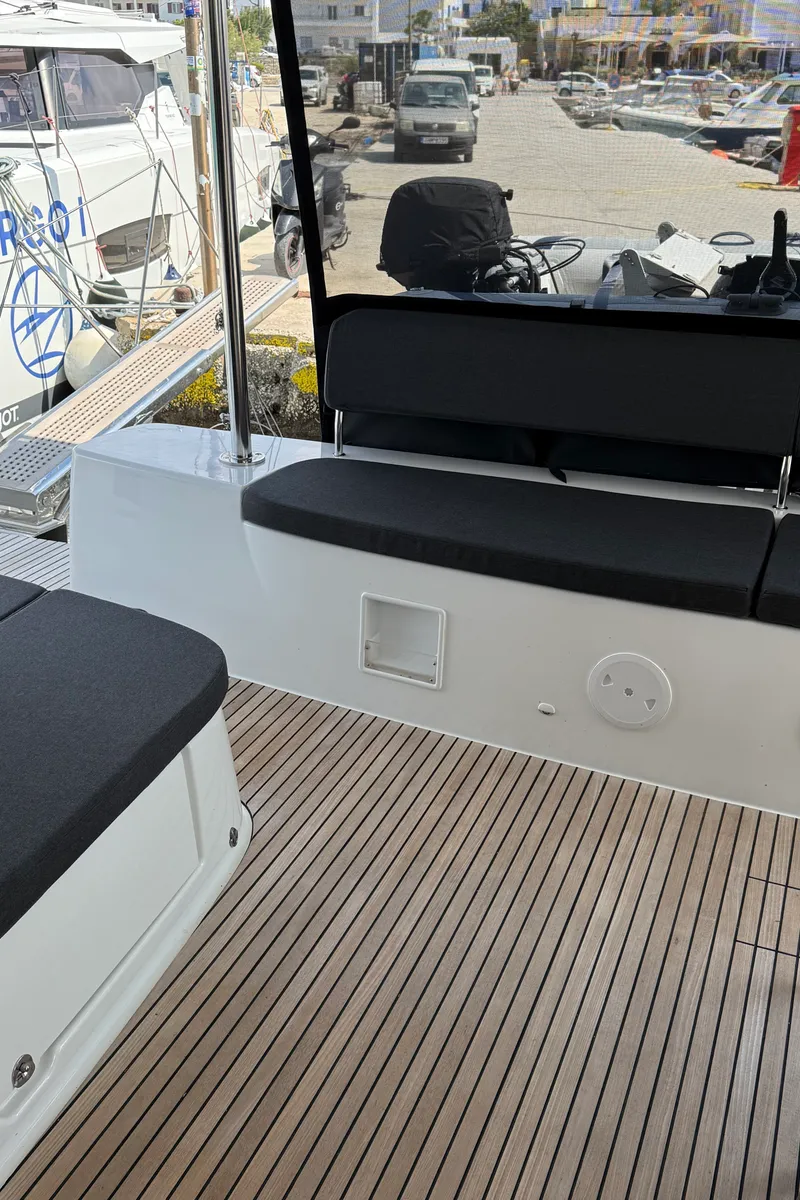 Deck of Arian, a Lagoon 46 catamaran at Parikia, Greece