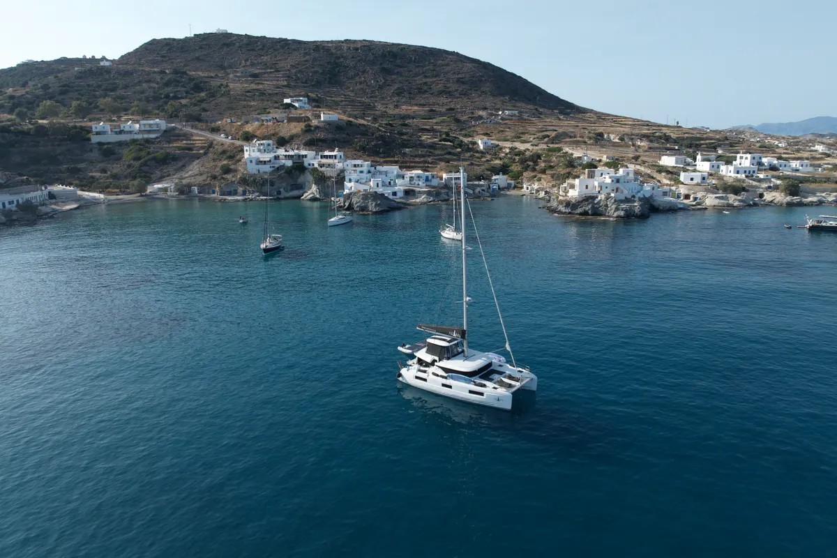 Exterior view of Arian, a Lagoon 46 catamaran at Parikia, Greece
