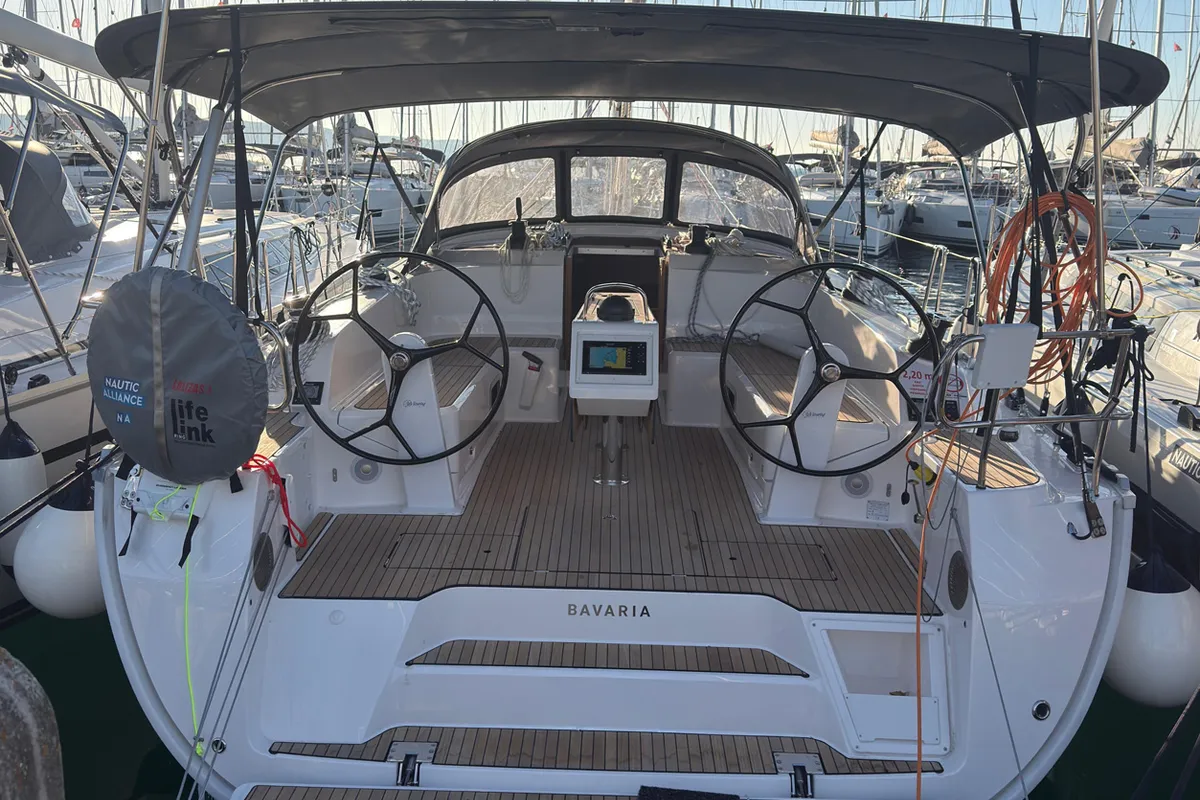 Cockpit of Freigeist, a Bavaria Voyager 45 sailboat at Jezera, Croatia